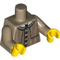 Torso Plaid Coat with Layered Shoulder Detailing and Red Buttons Print, Dark Tan Arms, Yellow Hands