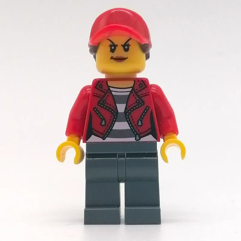 Criminal, Woman, Open Red Jacket over Prison Shirt, Red Cap with Hair