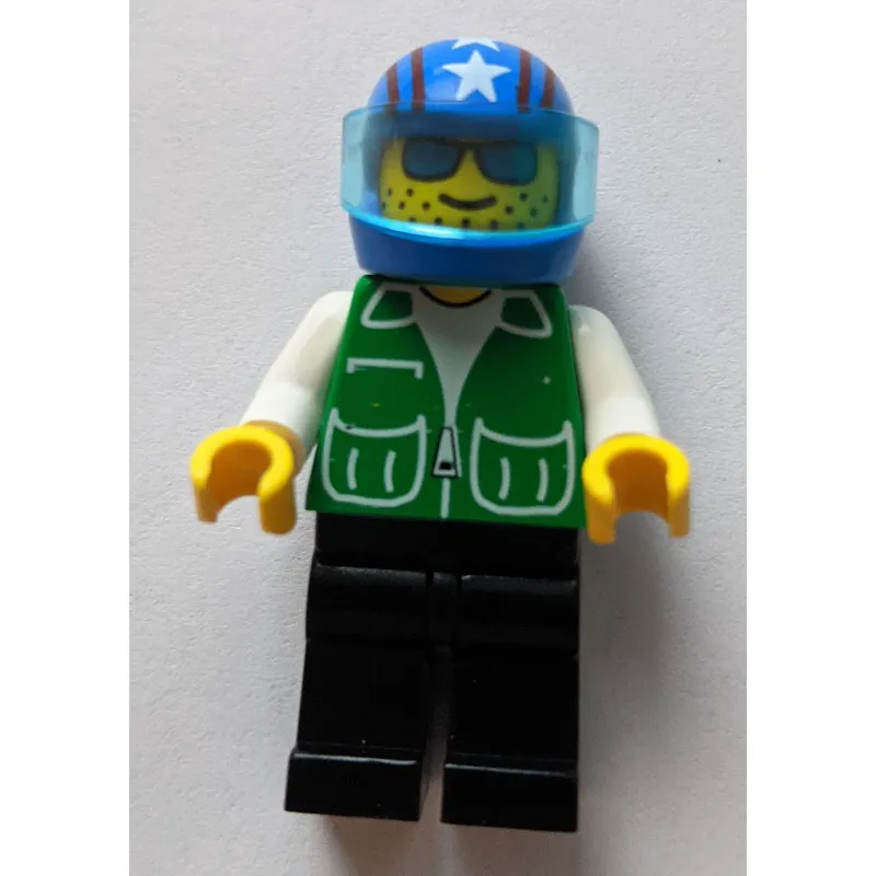 Pilot, Green Jacket, Black Legs, Blue Helmet with Stars and Visor, Blue Sunglasses