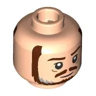 Minifig Head Qui-Gon Jinn, Dark Brown Eyebrows, Moustache, Beard, Dark Bluish Grey Streaks, Wrinkles, Closed Mouth / Angry Open Mouth Print