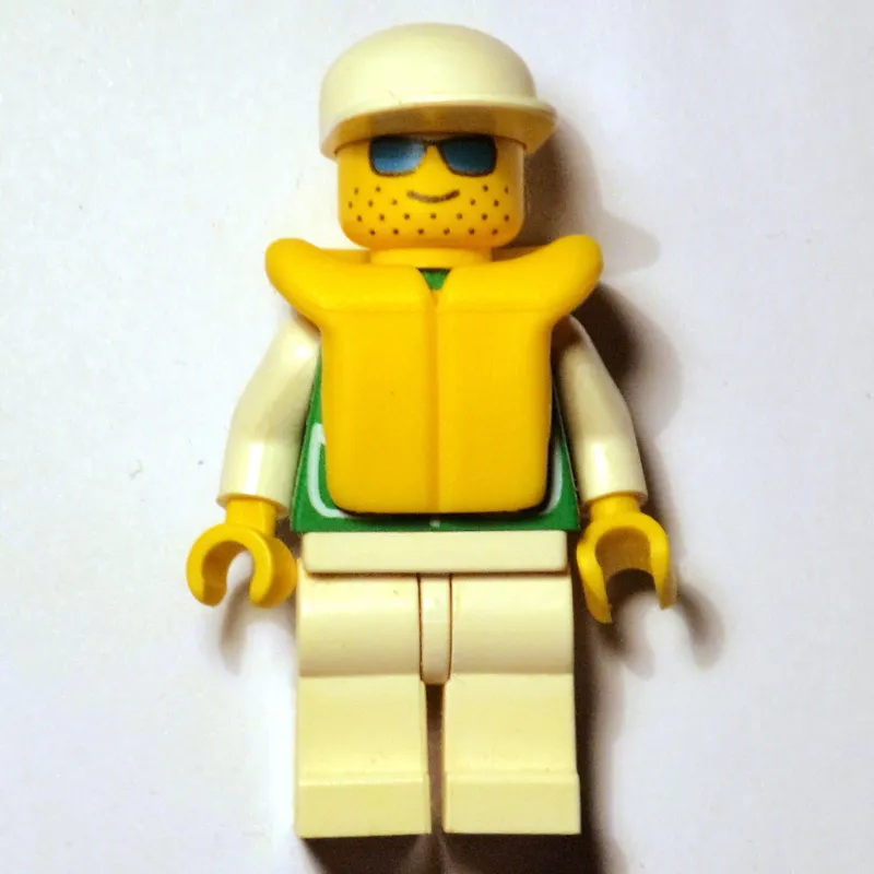Man, Green Jacket, White Legs, White Cap, Yellow Life Vest, Blue Sunglasses