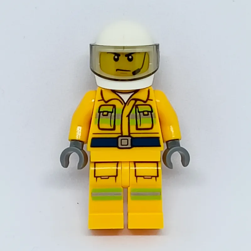 Fireman, Bright Light Orange Fire Suit, White Helmet with Visor, Headset