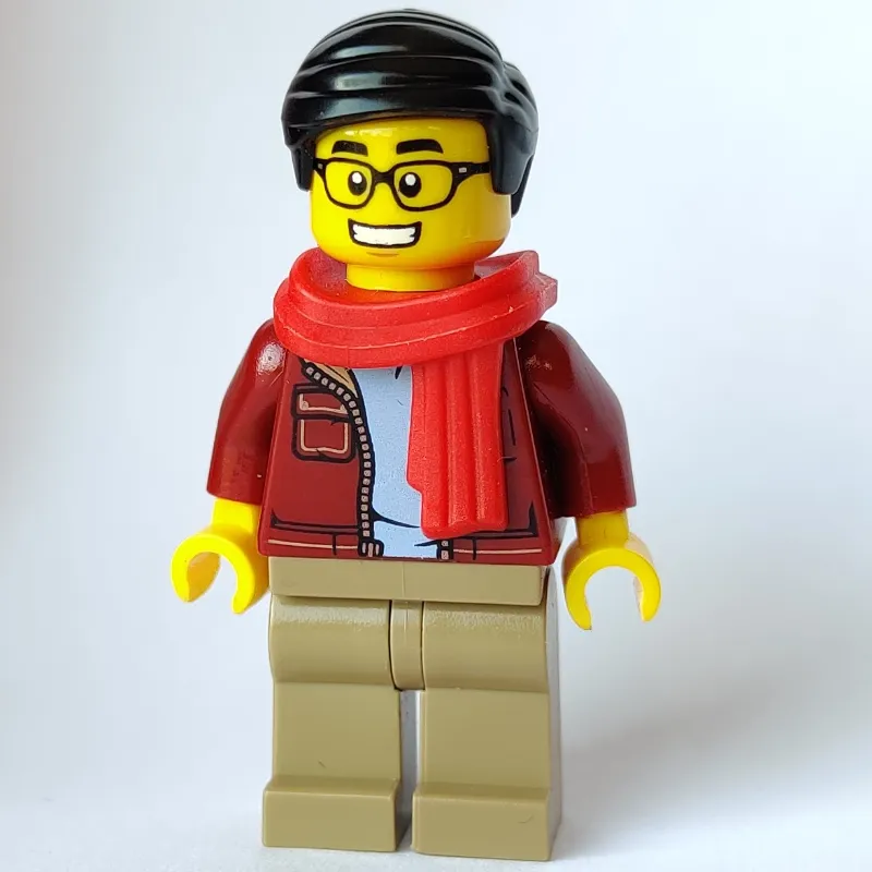 Man, Open Dark Red Jacket, Dark Tan Legs, Red Scarf, Black Hair, Glasses