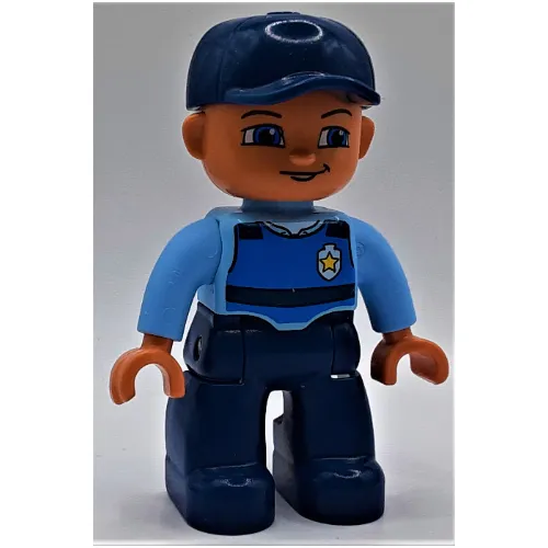 Duplo Figure with Cap Dark Blue, with Dark Blue Legs, Life Jacket and Police Badge Print