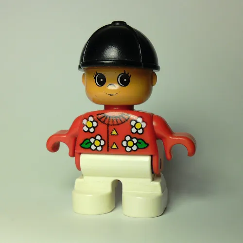 Duplo Figure, Early Child, with Helmet Black, White Legs, White Flowers Print