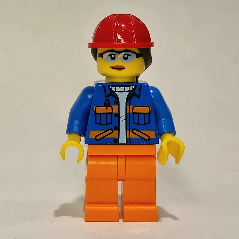 Construction Worker, Blue Jacket, Orange Legs, Red Helmet