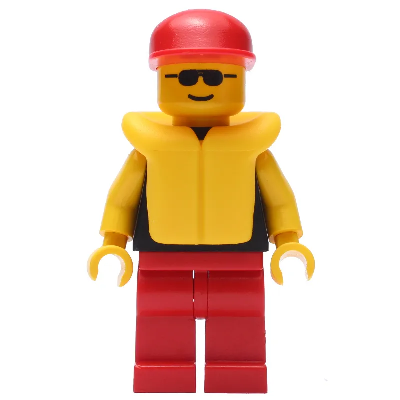 Man, Black Torso with Yellow Arms, Red Legs, Red Cap, Yellow Life Vest, Sunglasses