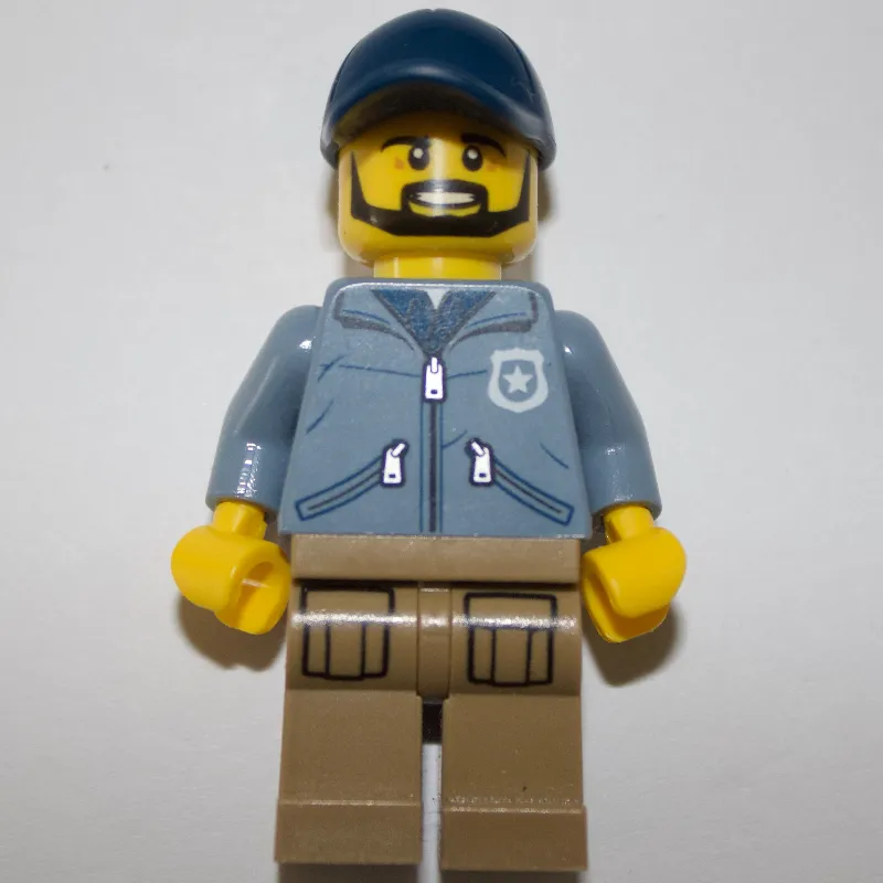 Policeman, Sand Blue Jacket with Pockets and 'POLICE' on Back, Dark Blue Cap, Beard