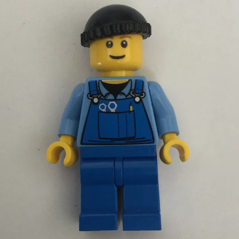 Man, Blue Overalls over Shirt, Blue Legs, Black Hat, Reddish Brown Eyebrows