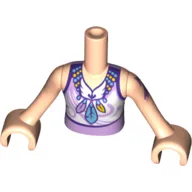 Minidoll Torso Girl with Top with Lavender Filigree on White Fabric Inset, and Feather Necklace Print, Light Nougat Arms and Hands with Tattoo on Left Arm
