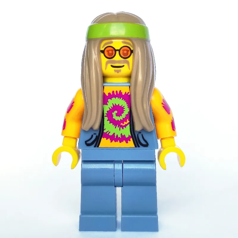 Flower Child, Open Sand Blue Vest over Bright Light Orange Shirt, Long Dark Tan Hair