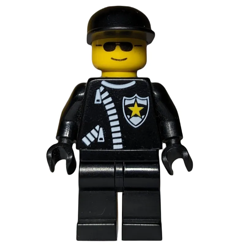 Policeman, Black Jacket with Zipper and Badge, Black Cap, Sunglasses