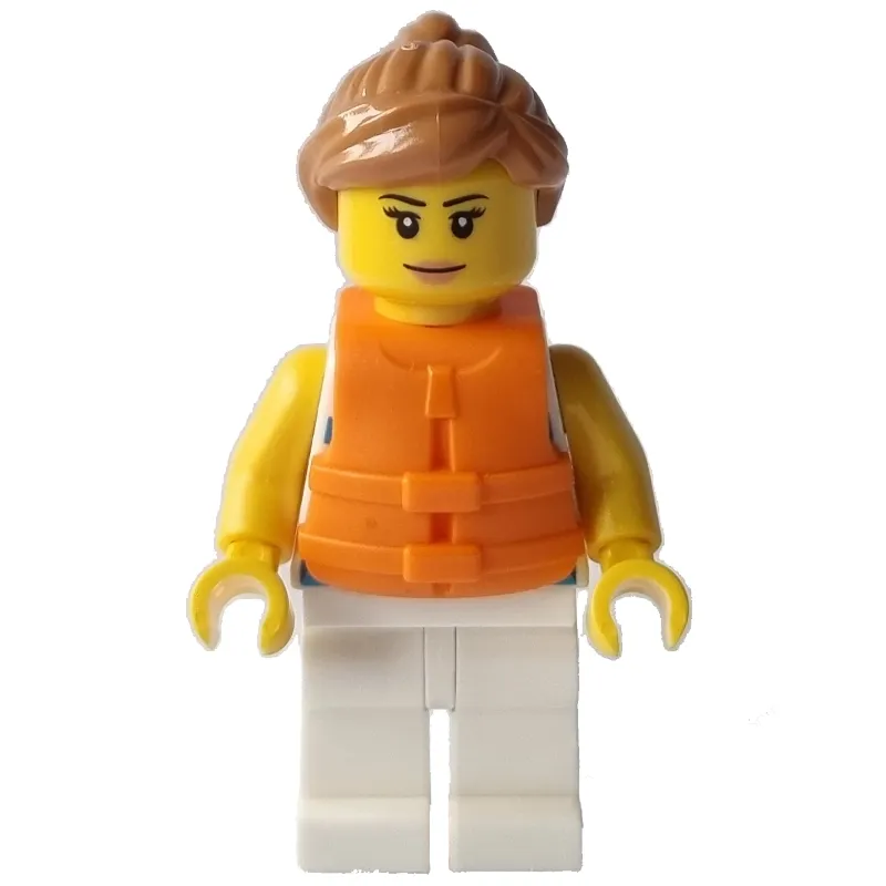 Woman, Blue Striped Shirt, White Legs, Orange Life Vest