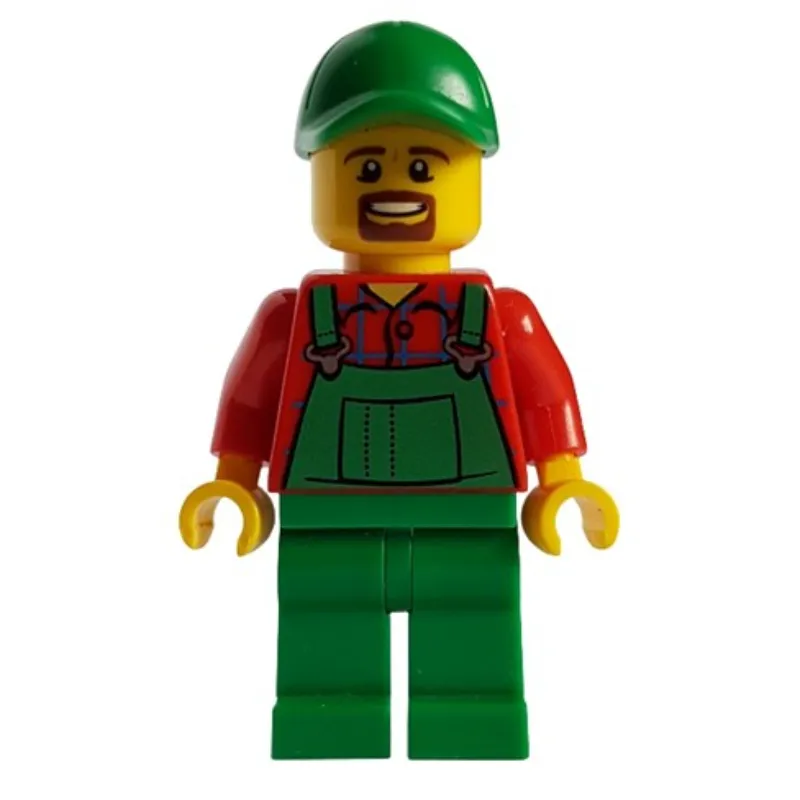 Man, Green Overalls over Red Shirt, Green Cap, Goatee Beard