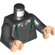 Torso Robe with Dark Green Trim and Slytherin Crest, Open over V-Necked Sweater, White Shirt, and Dark Green Striped Tie Print, Black Arms, Light Nougat Hands