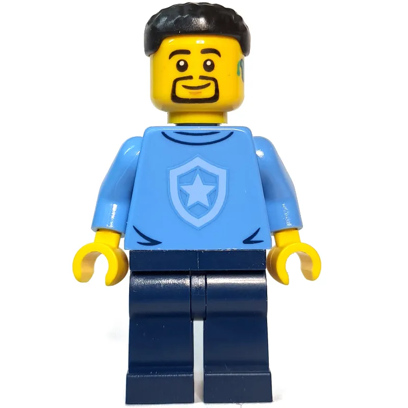 Police Officer, Sweater with Police Badge, Black Hair, Goatee and Hearing Aid