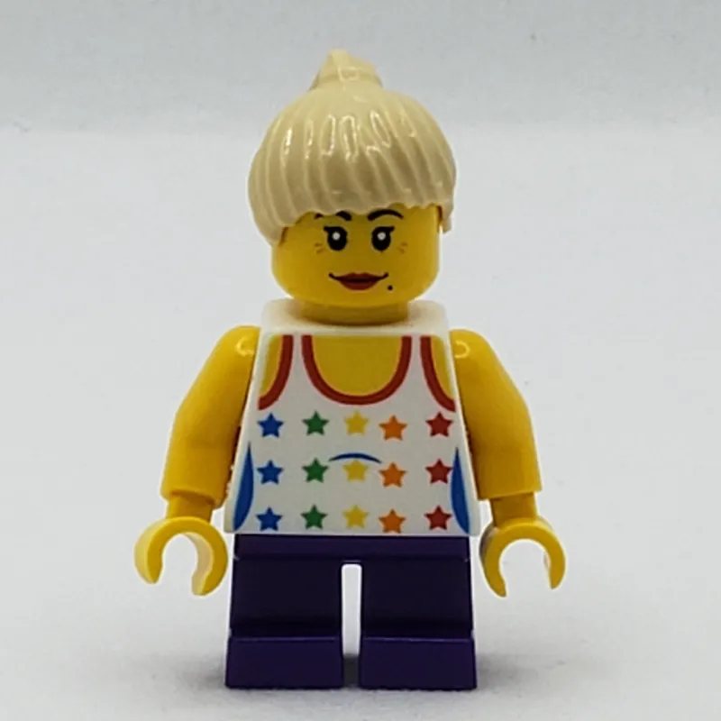 Girl, Tank Top with Rainbow Colored Stars, Short Dark Purple Legs, Tan Hair