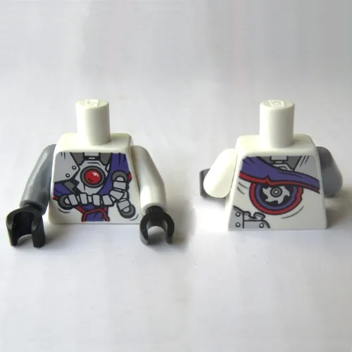 Torso, Odd Arms, Robe, Tattered, Red Dot, Metal Plates and Tubes, Purple Sash Print, Left White Arm, Right Flat Silver Arm, Black Hands