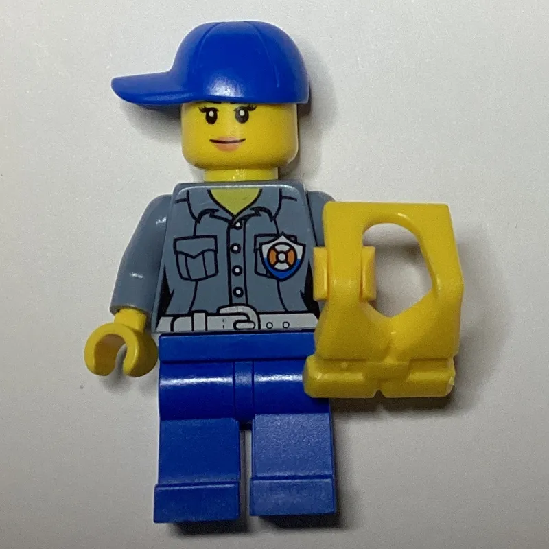 Coast Guard, Woman, Sand Blue Shirt with Badge, Blue Cap, Yellow Life Vest