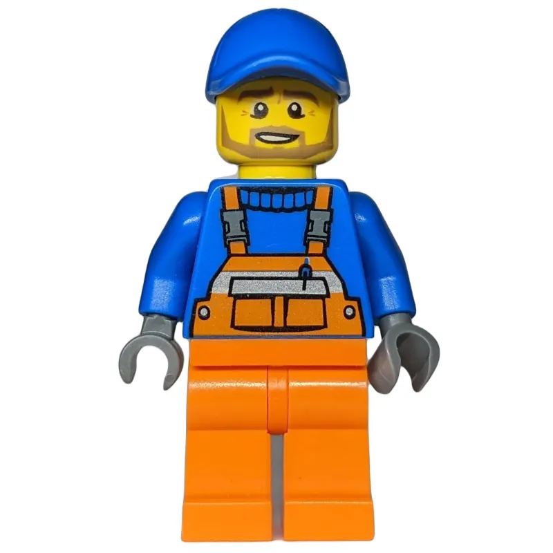 Construction Worker, Orange Overalls over Blue Sweater, Blue Cap, Dark Tan Beard