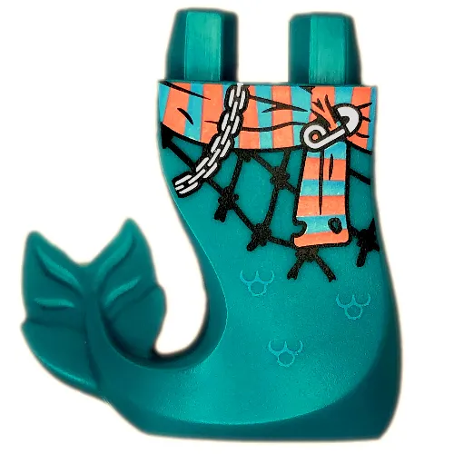 Tail, Mermaid Curved Right with Coral/Medium Azure Sash, Safety Pin, Chain Print