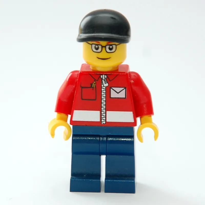 Postal Worker, Red Jacket with Zipper and Letter Logo, Dark Blue Legs, Black Cap, Glasses