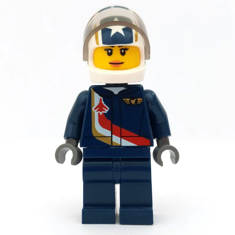 Pilot, Woman, Dark Blue Jumpsuit with Plane and Wings Badge, White Helmet with Stars and Visor