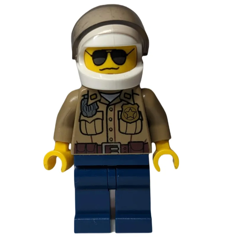 Forest Police / Ranger, Dark Tan Shirt with Radio and Badge, Dark Blue Legs, White Helmet with Visor, Sunglasses