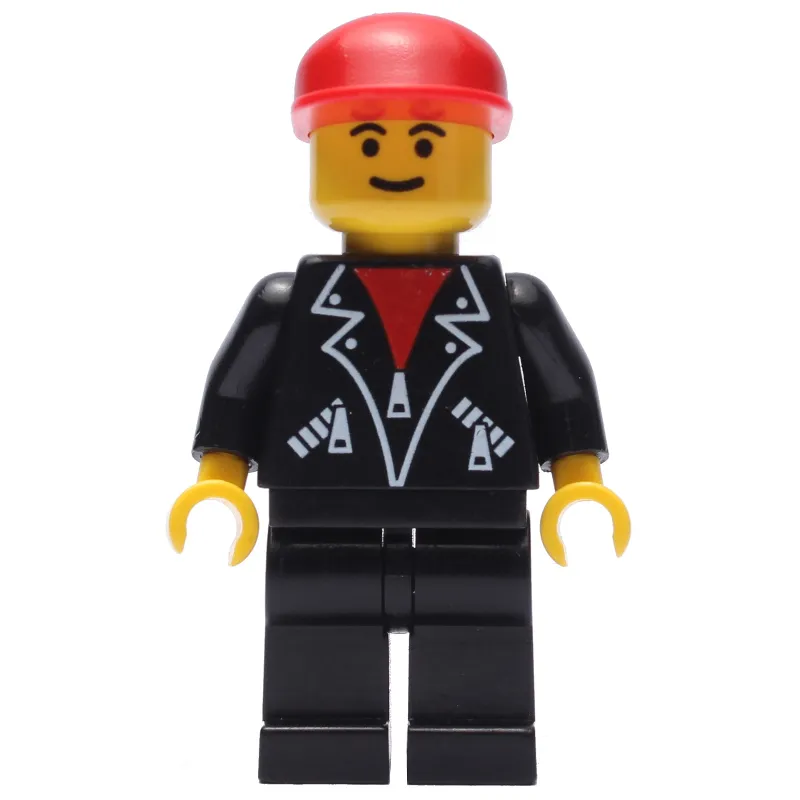 Man, Open Black Jacket over Red Shirt, Black Legs, Red Cap