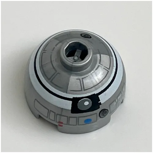 Brick Round 2 x 2 Dome Top, Blocked Open Stud, Bottom Axle Holder with White and Black Print (R2-Q2)