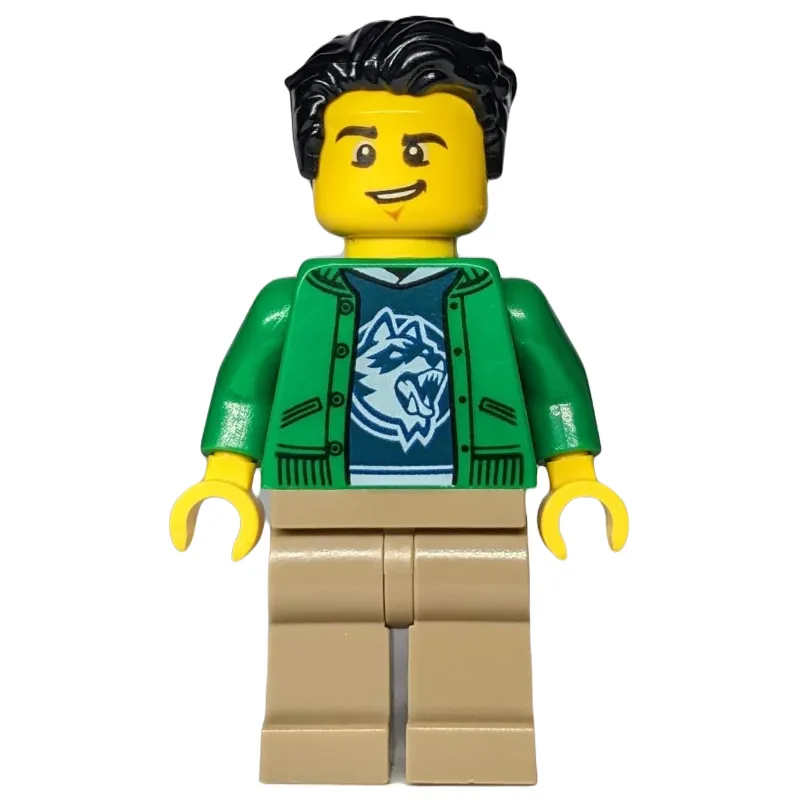 Man, Open Green Jacket, Dark Tan Legs, Black Hair