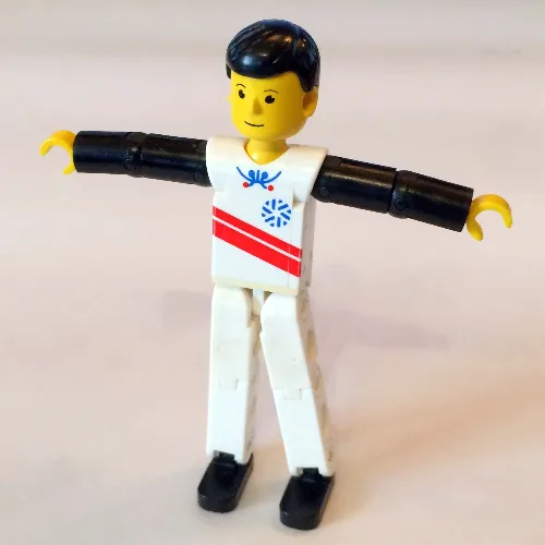 Technic Figure White Legs, White Top with Red Stripes Print, Black Arms, White Helmet [8620 Alternate]