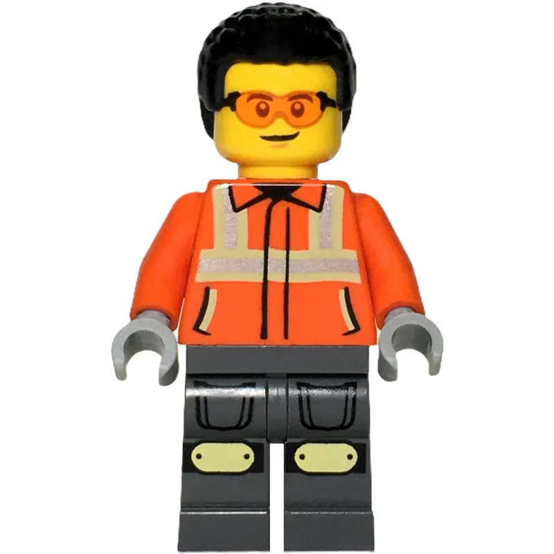 Construction Worker, Reddish Orange Jacket, Black Hair