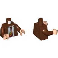 Torso Jacket, Open over Shirt with Reddish Brown and White Tie with Bright Light Orange Tag Print, Reddish Brown Arms, Light Nougat Hands