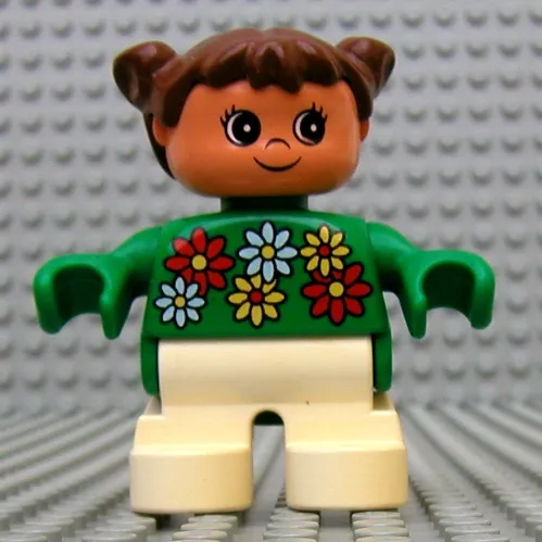 Duplo Figure, Early Child, with Pigtails Brown, White Legs, White, Red and Yellow Flowers