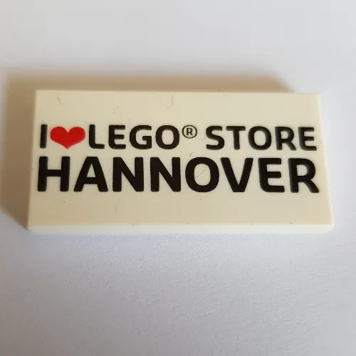 Tile 2 x 4 with 'I heart LEGO STORE HANNOVER' print