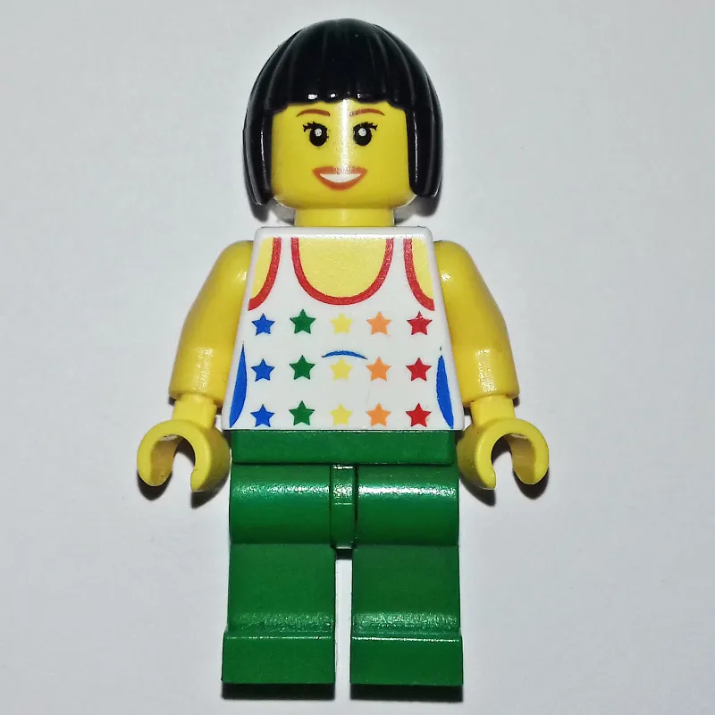 Woman, White Vest with Stars, Green Legs, Black Hair