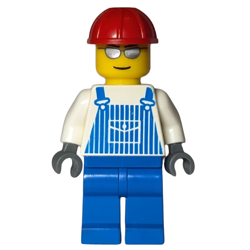 Man, Blue and White Striped Overalls, Red Hard Hat, Silver Sunglasses