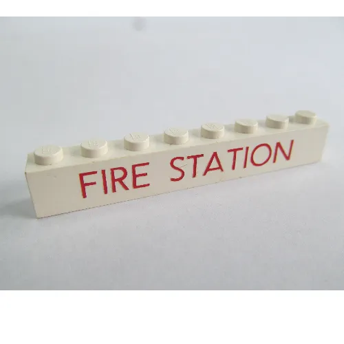 Brick 1 x 8 with 'FIRE STATION' Thin Red Print