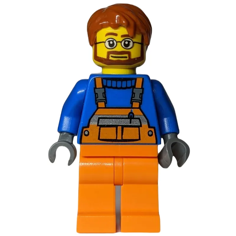 Ground Crew, Orange Overalls over Blue Sweater, Dark Orange Hair, Beard and Glasses