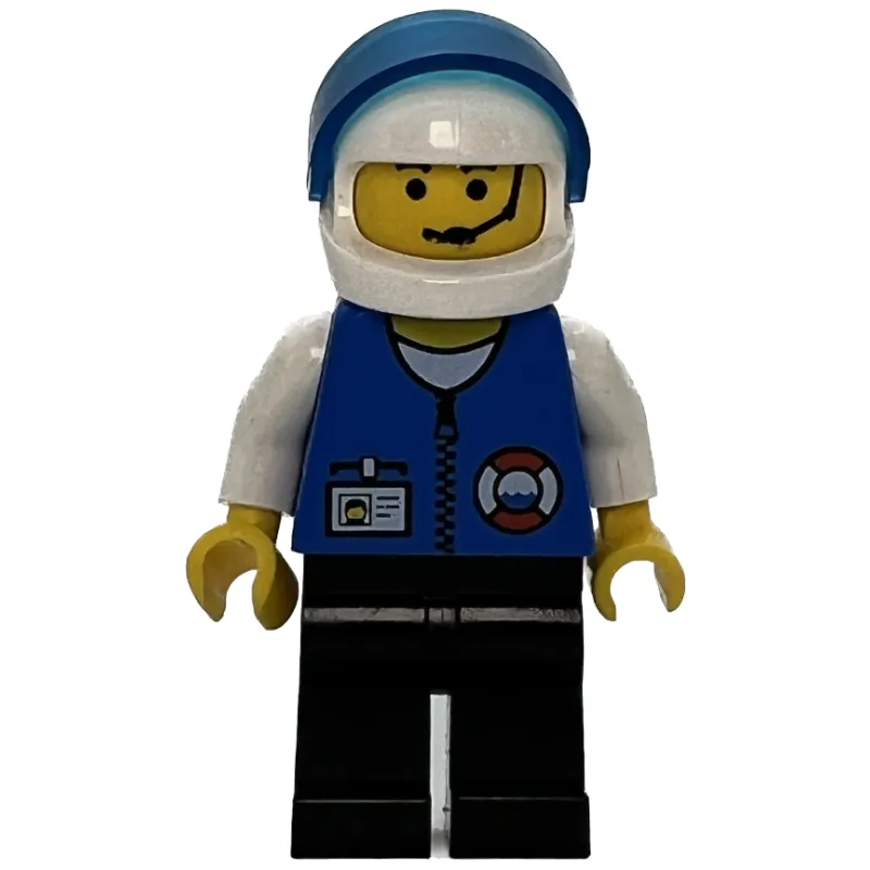 Coast Guard, Blue Jacket with Zipper and ID Badge. White Helmet with Visor, Headset