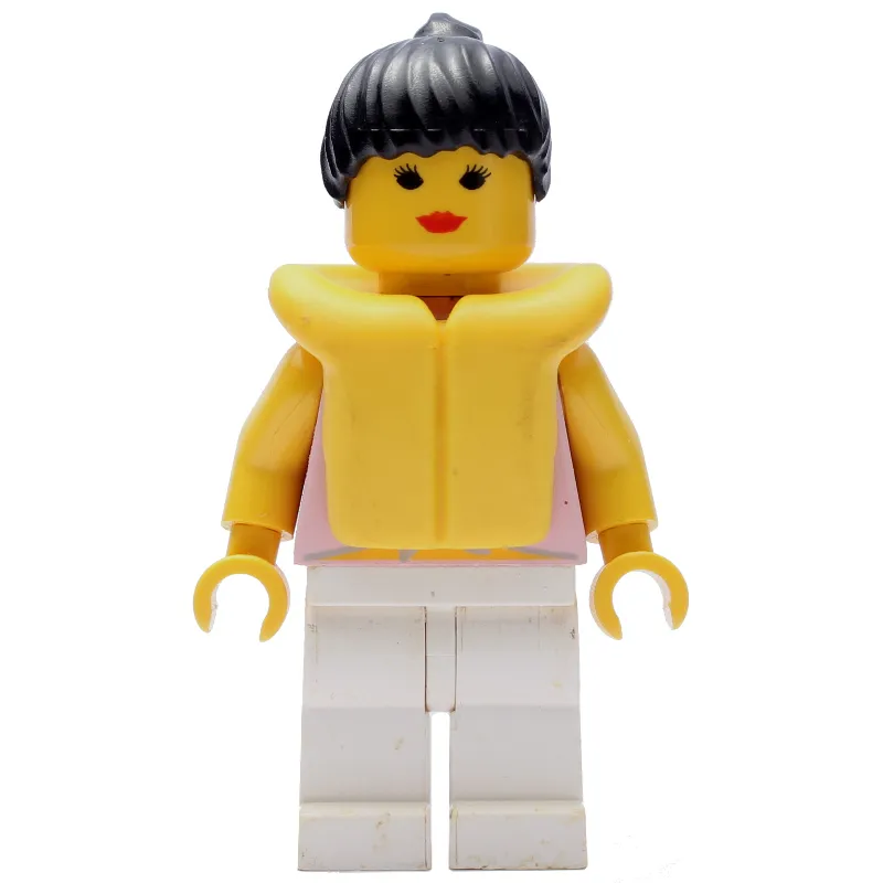 Woman, Tied Pink Tank Top with Flowers, White Legs, Black Hair, Yellow Life Vest