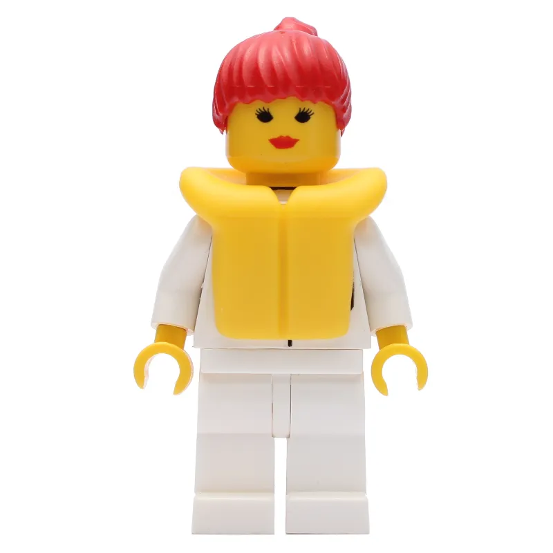 Woman, White Shirt with Pockets, White Legs, Red Hair, Yellow Life Vest