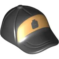 Hat / Cap Short Curved Bill with Seams on Peak and Button on Top with Black Minifig Head on Gold Background Print