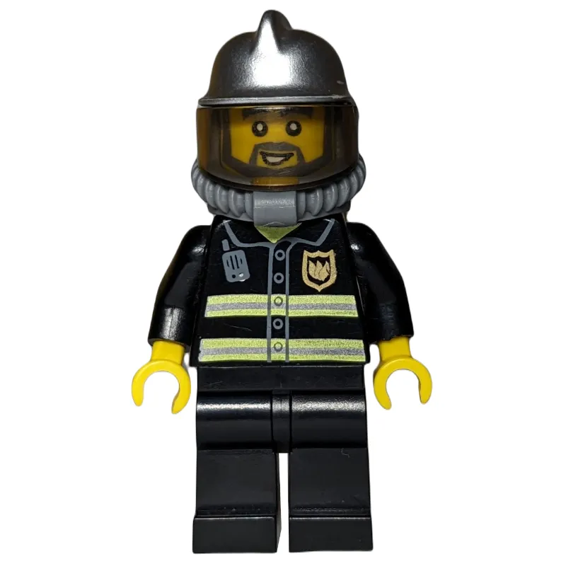 Fireman, Black Fire Jacket with Radio and Badge, Silver Helmet with Visor, Airtanks, Breathing Apparatus, Beard