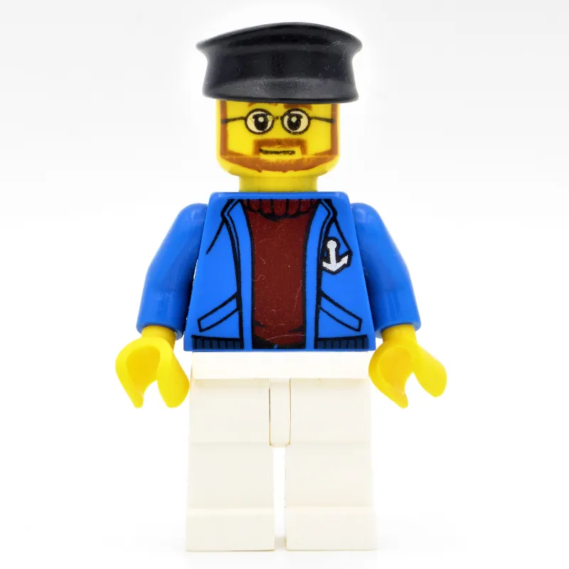 Sailor, Open Blue Jacket with Anchor over Dark Red Sweater, White Legs, Black Hat, Beard and Glasses