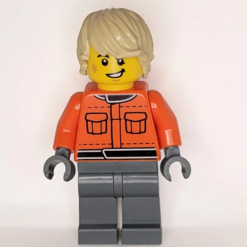 Pit Crew, Reddish Orange Torso, Dark Bluish Grey Legs, Tan Hair