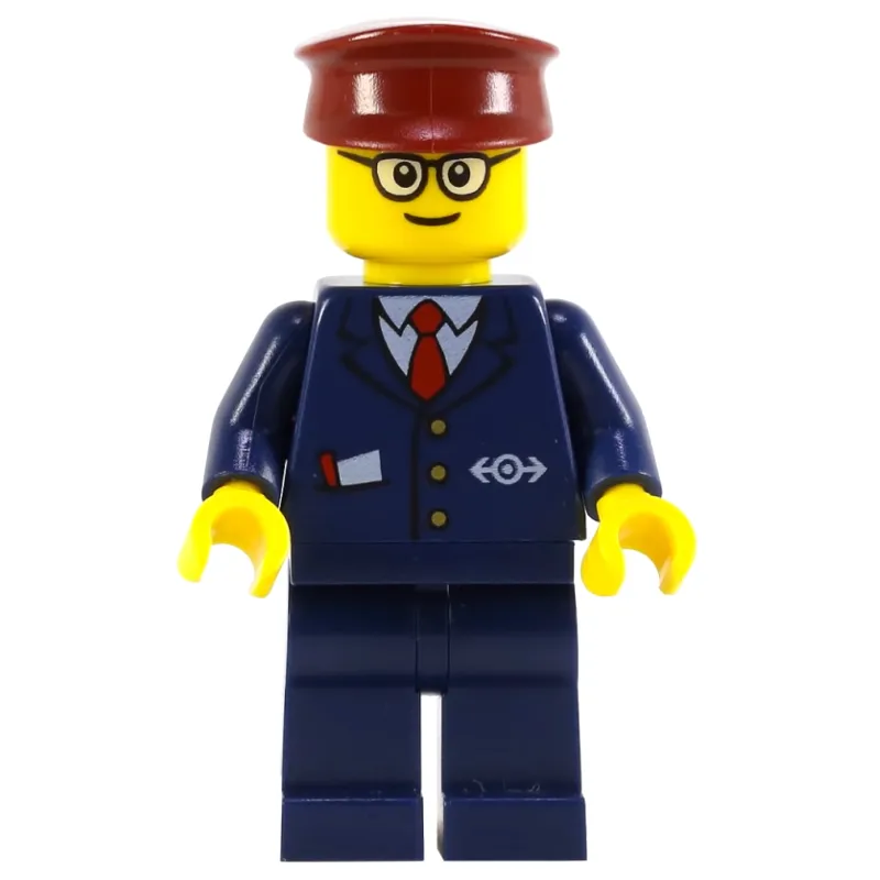 Train Conductor, Dark Blue Suit with Tie and Train Logo, Dark Red Hat, Glasses (3626c head)