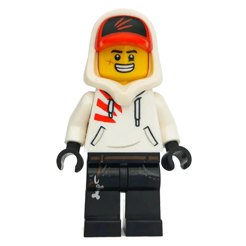 Jack Davids, White Hoodie with Hood and Red Cap, Angry / Large Grin