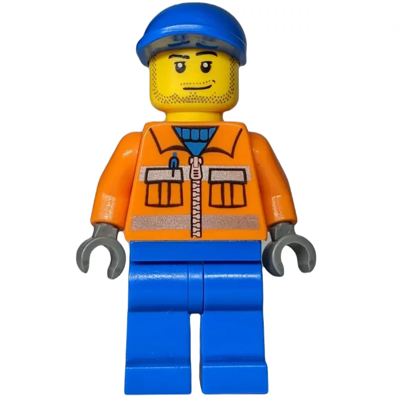 Ground Crew, Orange Jacket with Zipper and Reflective Stripes, Blue Legs, Blue Cap, Stubble